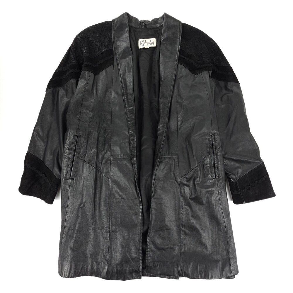VINTAGE Wilsons Leather Duster Jacket Western Suede Trench Coat 90s Cowboy Black